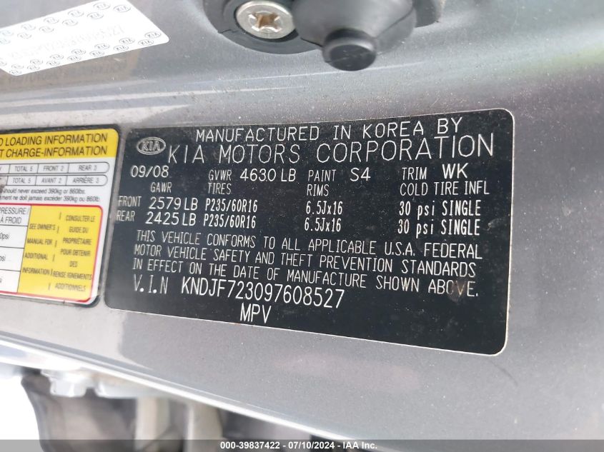 2009 Kia Sportage Ex V6 VIN: KNDJF723097608527 Lot: 39837422