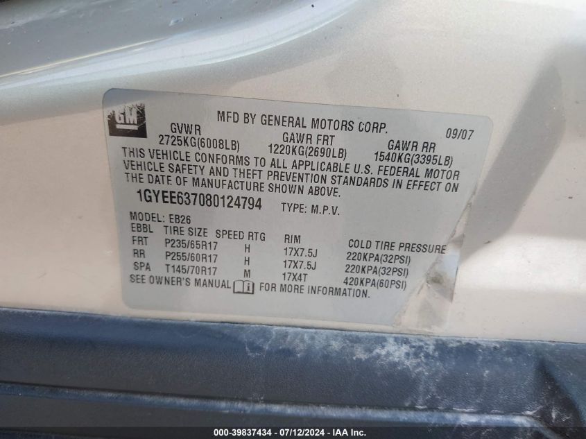 2008 Cadillac Srx V6 VIN: 1GYEE637080124794 Lot: 39837434