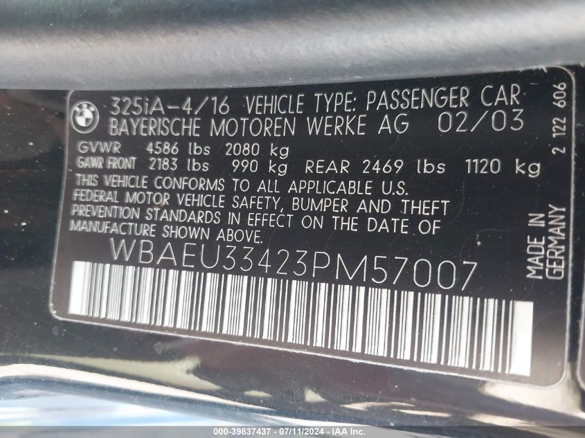 2003 BMW 325Xi VIN: WBAEU33423PM57007 Lot: 39837437