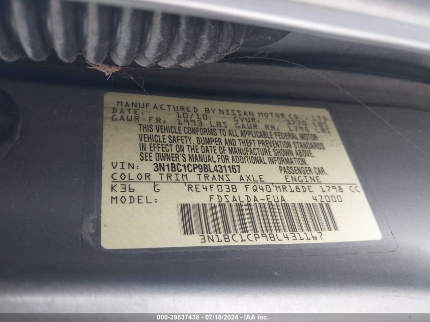 2011 Nissan Versa 1.8S VIN: 3N1BC1CP9BL431167 Lot: 39837438