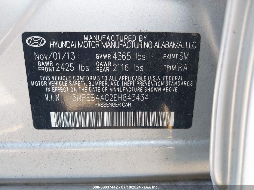 2014 Hyundai Sonata Gls VIN: 5NPEB4AC2EH843434 Lot: 39837442