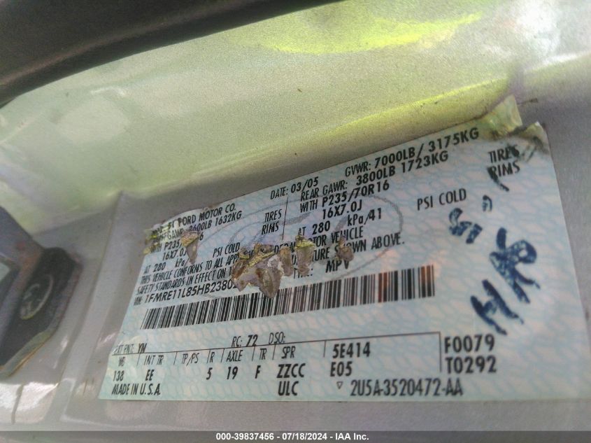 2005 Ford E-150 Chateau/Xl/Xlt VIN: 1FMRE11L85HB23802 Lot: 39837456