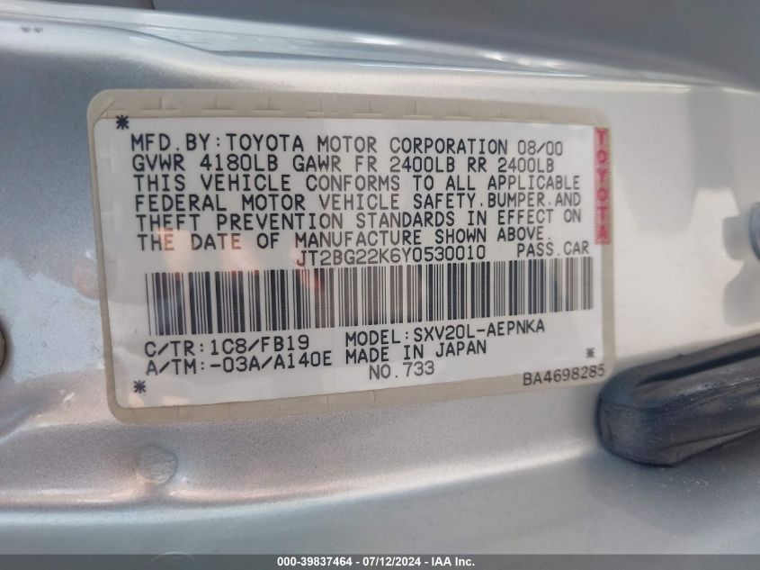 JT2BG22K6Y0530010 2000 Toyota Camry Le