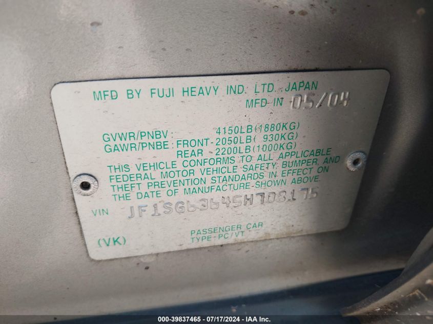 2005 Subaru Forester 2.5X VIN: JF1SG63645H708175 Lot: 39837465