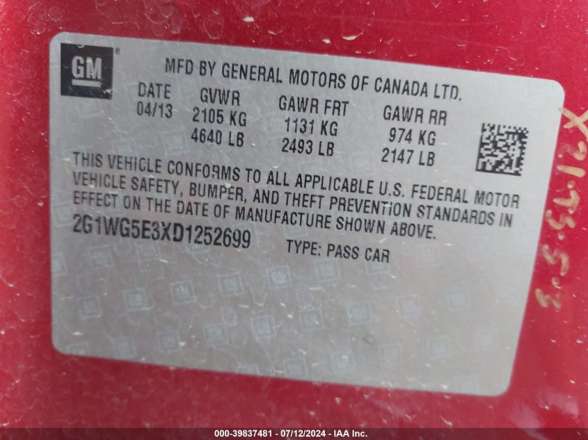 2013 Chevrolet Impala Lt VIN: 2G1WG5E3XD1252699 Lot: 39837481