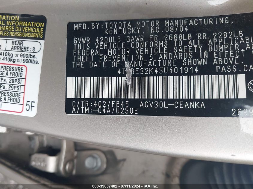 4T1BE32K45U401914 2005 Toyota Camry Le