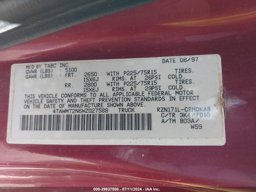 1998 Toyota Tacoma VIN: 4TAWM72N6WZ027588 Lot: 39837508
