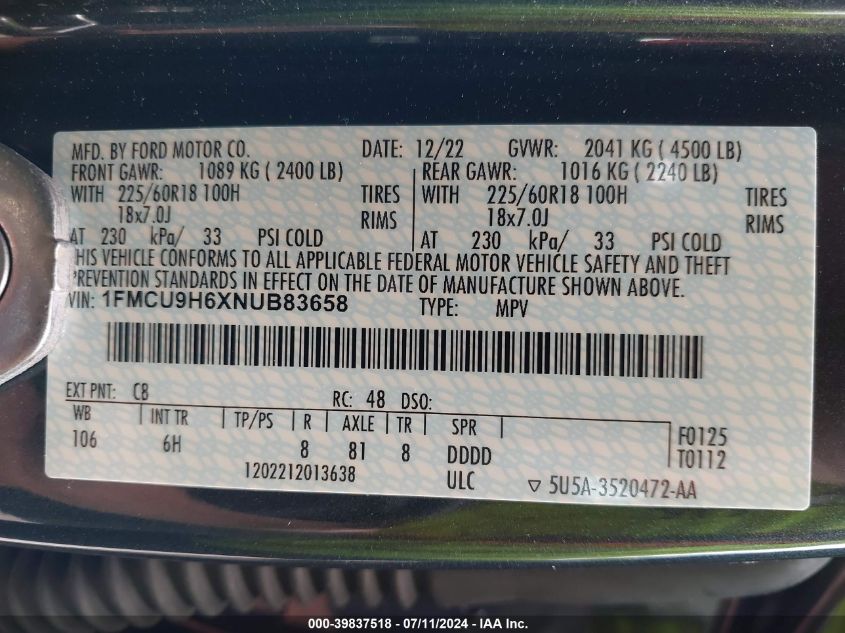 2022 Ford Escape Sel VIN: 1FMCU9H6XNUB83658 Lot: 39837518