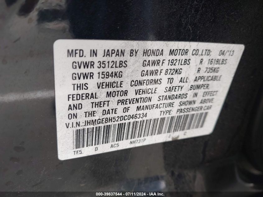 2013 Honda Fit Sport VIN: JHMGE8H52DC046334 Lot: 39837544