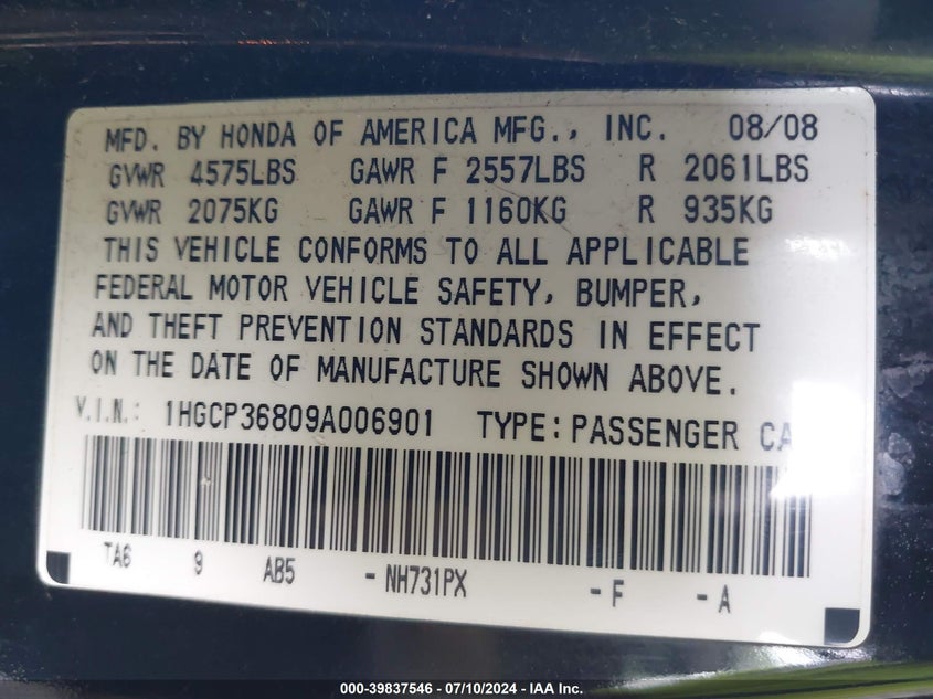 2009 Honda Accord 3.5 Ex-L VIN: 1HGCP36809A006901 Lot: 39837546