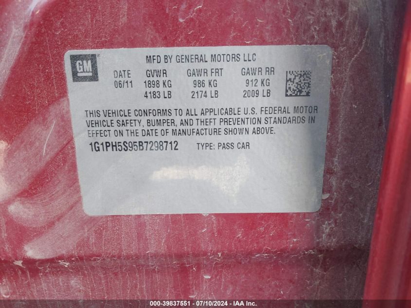 2011 Chevrolet Cruze Ltz VIN: 1G1PH5S95B7298712 Lot: 39837551