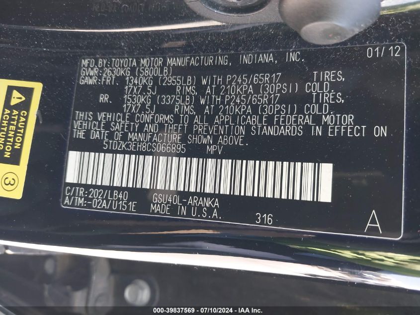 2012 Toyota Highlander Se V6 VIN: 5TDZK3EH8CS066895 Lot: 39837569