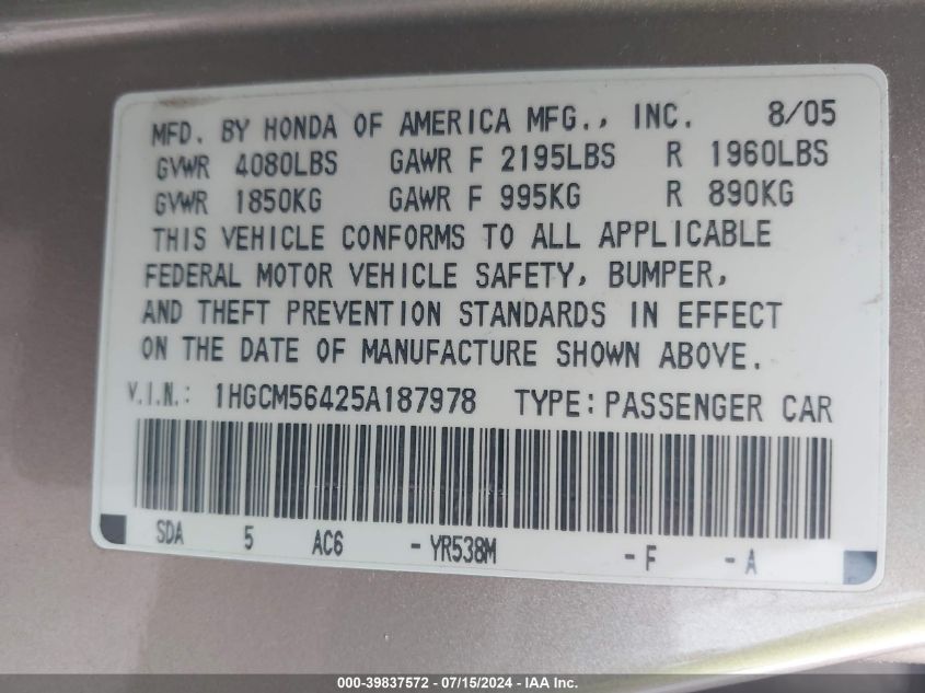 2005 Honda Accord 2.4 Lx VIN: 1HGCM56425A187978 Lot: 39837572