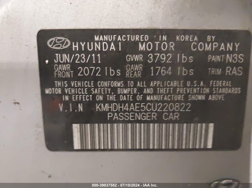 2012 Hyundai Elantra Gls (Ulsan Plant) VIN: KMHDH4AE5CU220822 Lot: 39837582