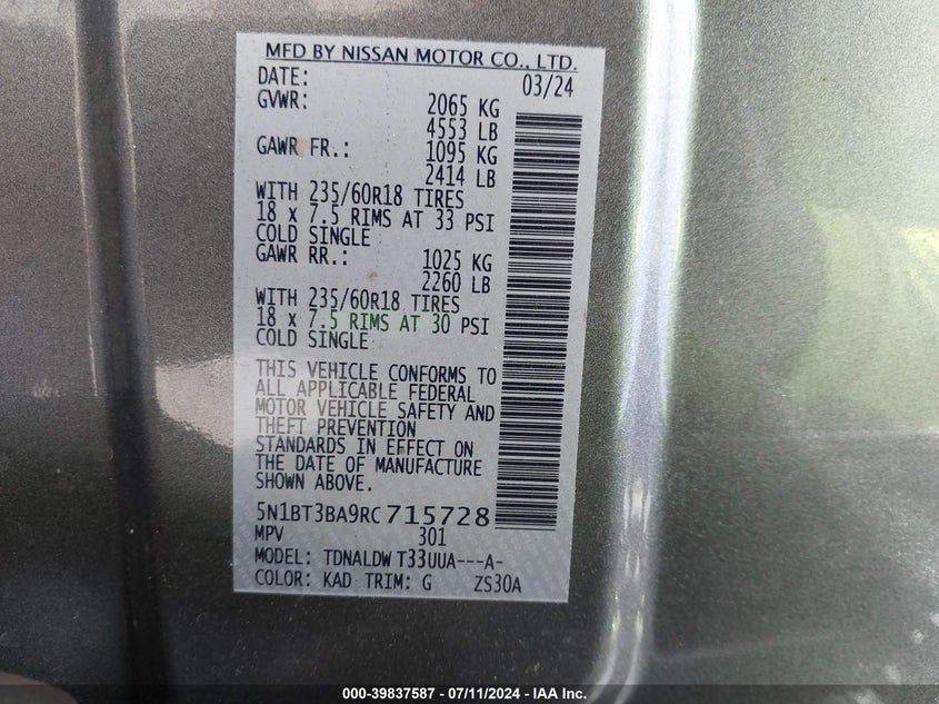 2024 NISSAN ROGUE SV - 5N1BT3BA9RC715728