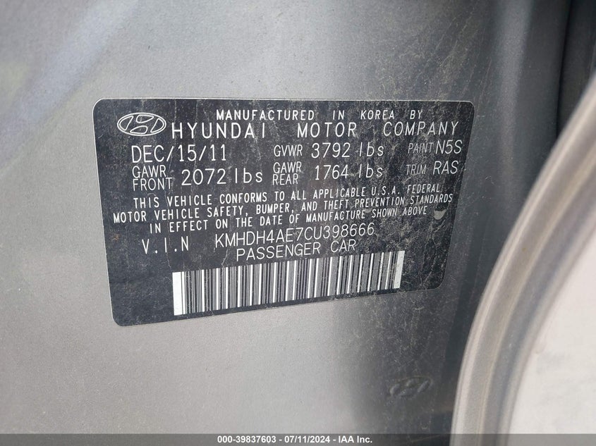 2012 Hyundai Elantra Gls (Ulsan Plant) VIN: KMHDH4AE7CU398666 Lot: 39837603