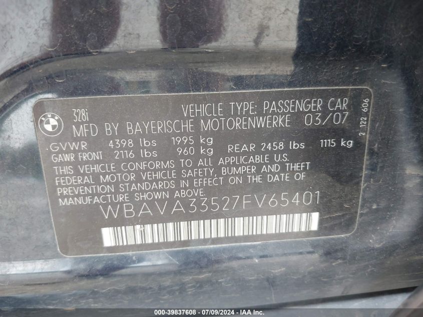 2007 BMW 328I VIN: WBAVA33527FV65401 Lot: 39837608