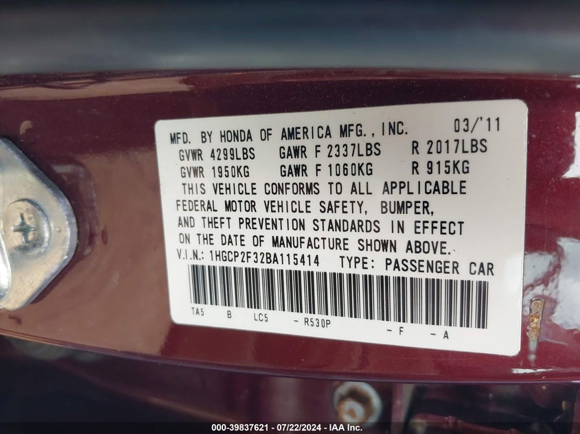 2011 Honda Accord 2.4 Lx VIN: 1HGCP2F32BA115414 Lot: 39837621