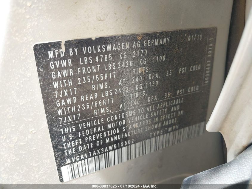 2010 Volkswagen Tiguan Wolfsburg VIN: WVGAV7AX3AW519502 Lot: 39837625