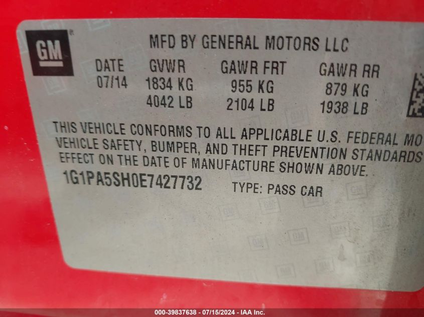 2014 Chevrolet Cruze Ls Auto VIN: 1G1PA5SH0E7427732 Lot: 39837638