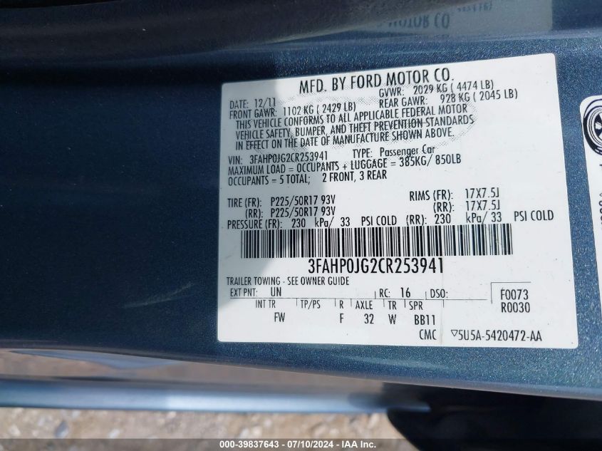 2012 Ford Fusion Sel VIN: 3FAHP0JG2CR253941 Lot: 39837643