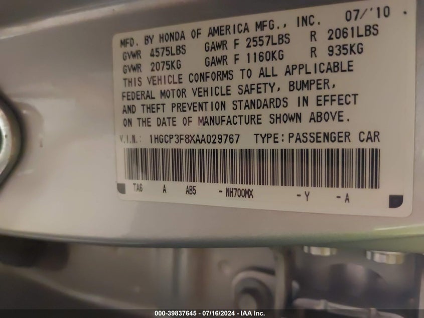 2010 Honda Accord 3.5 Ex-L VIN: 1HGCP3F8XAA029767 Lot: 39837645
