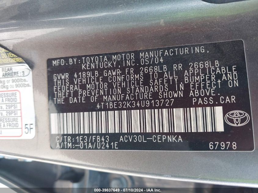 2004 Toyota Camry VIN: 4T1BE32K34U913727 Lot: 39837649