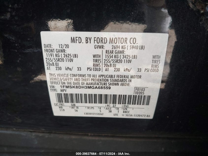 2021 Ford Explorer Xlt VIN: 1FMSK8DH3MGA68559 Lot: 39837664