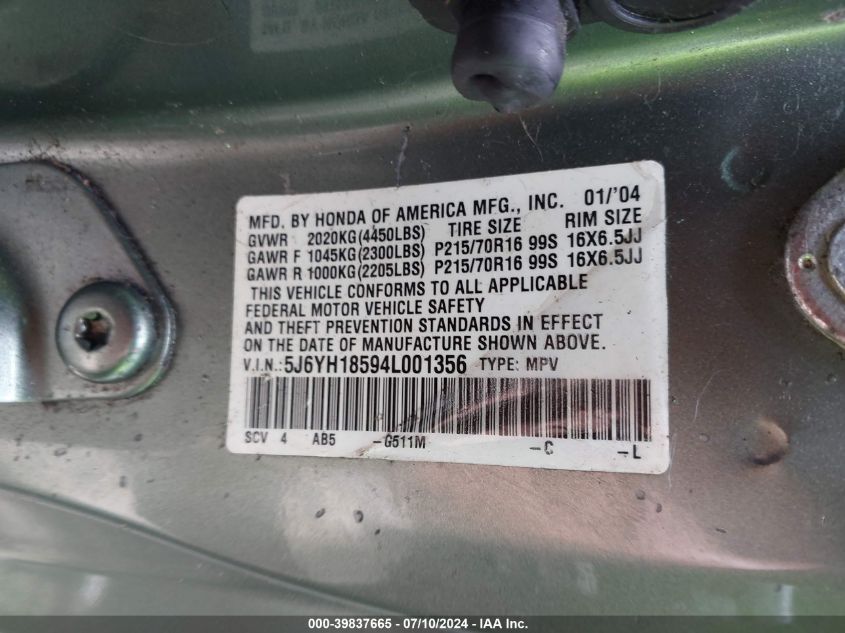 2004 Honda Element Ex VIN: 5J6YH18594L001356 Lot: 39837665