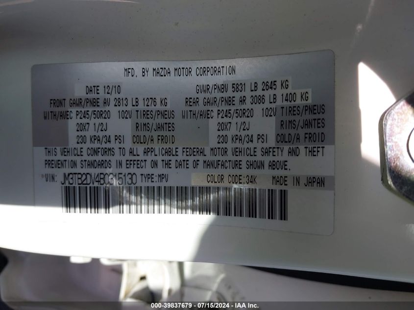 2011 Mazda Cx-9 Grand Touring VIN: JM3TB2DV4B0315130 Lot: 39837679