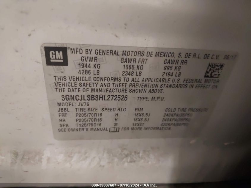 2017 Chevrolet Trax Lt VIN: 3GNCJLSB3HL272526 Lot: 39837687