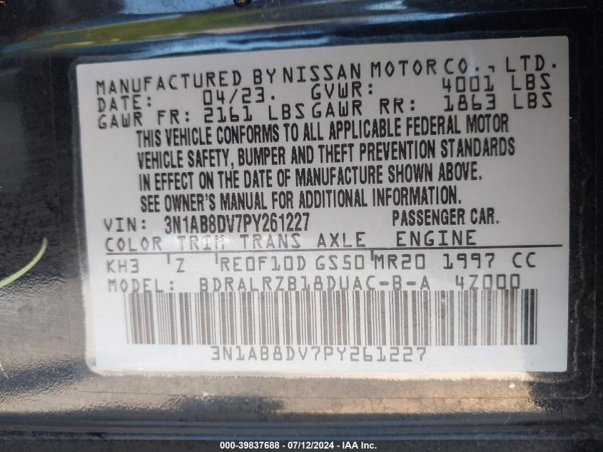 2023 Nissan Sentra Sr Xtronic Cvt VIN: 3N1AB8DV7PY261227 Lot: 39837688