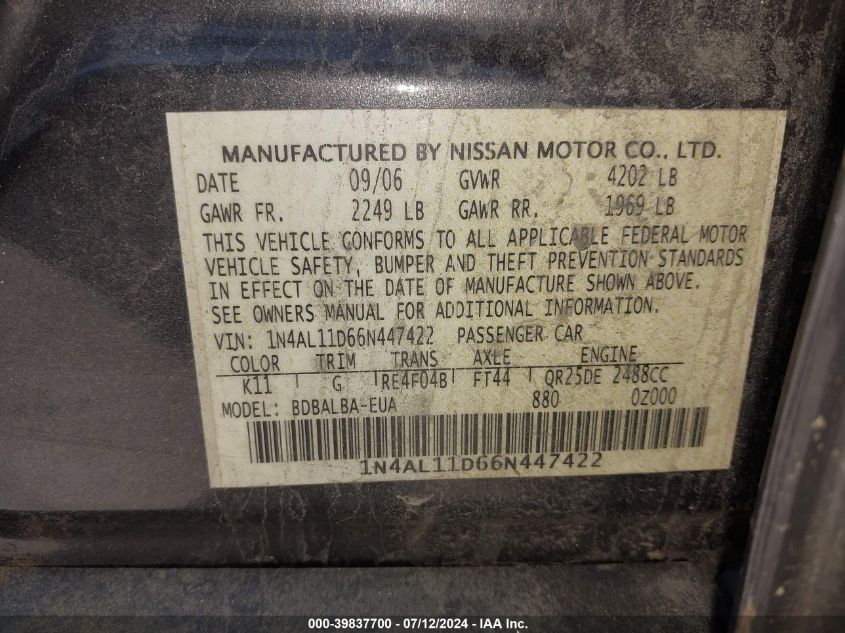 1N4AL11D66N447422 | 2006 NISSAN ALTIMA