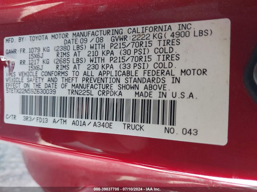 2009 Toyota Tacoma VIN: 5TETX22N59Z630039 Lot: 39837705