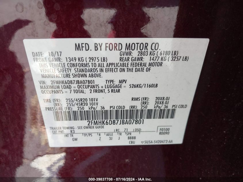 2018 Ford Flex Limited VIN: 2FMHK6D87JBA07801 Lot: 39837708