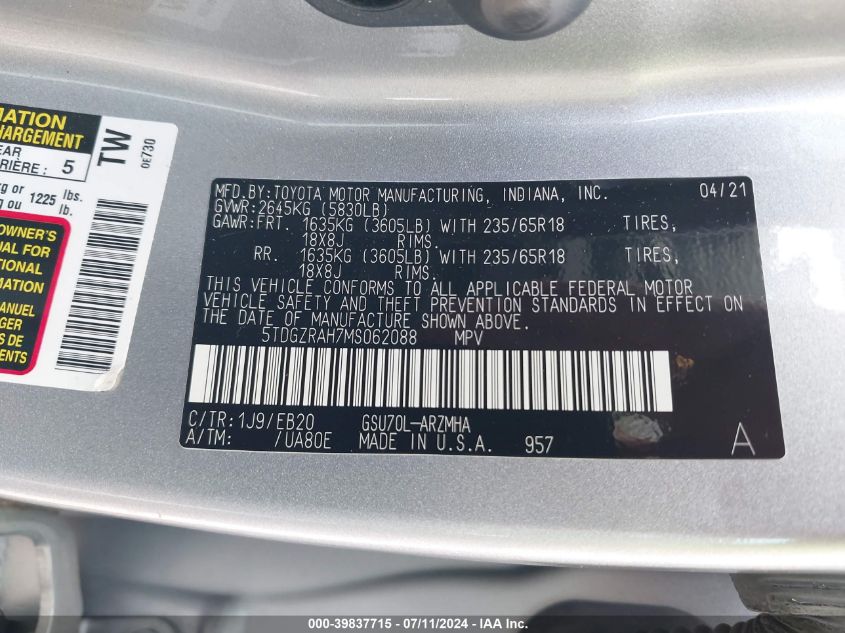 2021 Toyota Highlander Xle VIN: 5TDGZRAH7MS062088 Lot: 39837715