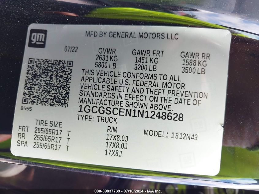 2022 Chevrolet Colorado 2Wd Short Box Lt VIN: 1GCGSCEN1N1248628 Lot: 39837739