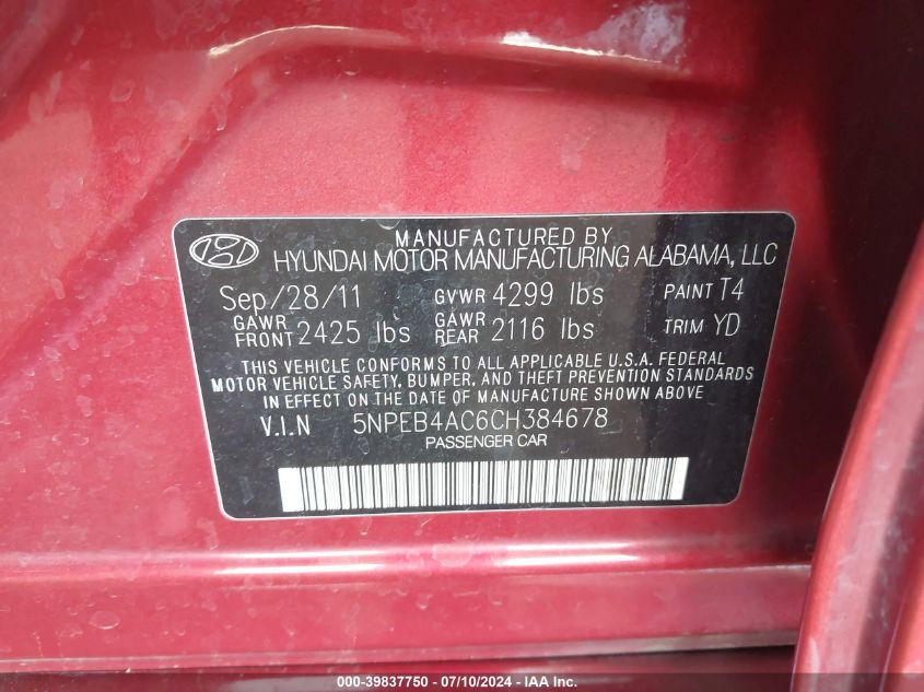 2012 Hyundai Sonata Gls VIN: 5NPEB4AC6CH384678 Lot: 39837750