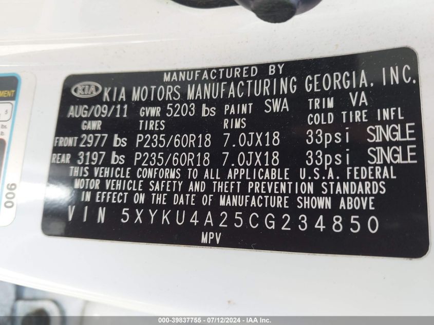 5XYKU4A25CG234850 2012 Kia Sorento Ex V6