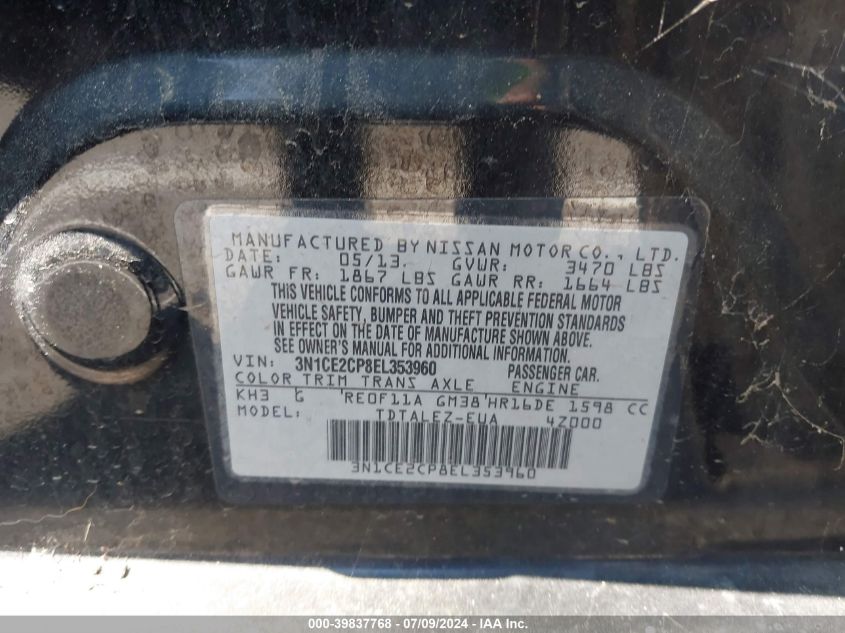 2014 Nissan Versa Note Sv VIN: 3N1CE2CP8EL353960 Lot: 39837768