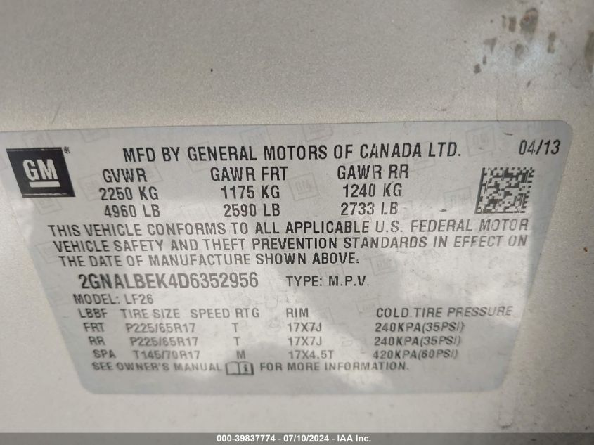 2GNALBEK4D6352956 2013 Chevrolet Equinox Ls