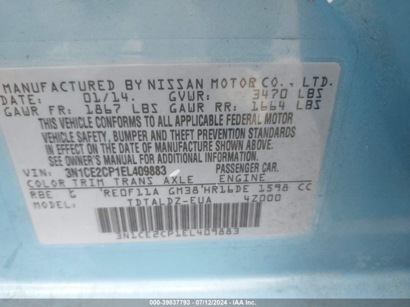 2014 Nissan Versa Note Sv VIN: 3N1CE2CP1EL409883 Lot: 39837793