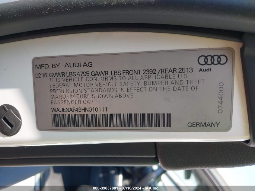 2017 AUDI A4 2.0T PREMIUM - WAUENAF49HN010111