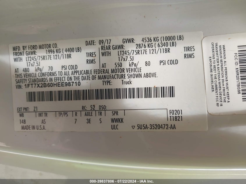 2017 Ford F-250 Xl VIN: 1FT7X2B60HEE98710 Lot: 39837806