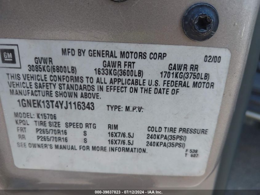 2000 Chevrolet Tahoe K1500 VIN: 1GNEK13T4YJ116343 Lot: 39837823