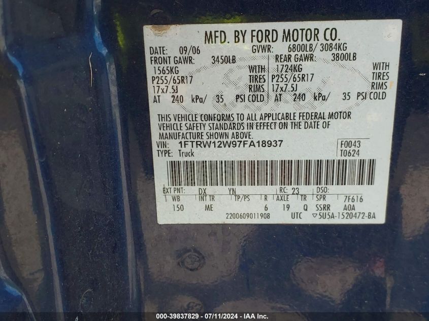 2007 Ford F-150 Xlt VIN: 1FTRW12W97FA18937 Lot: 39837829