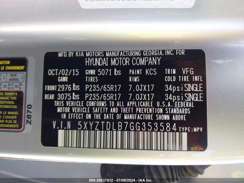 2016 Hyundai Santa Fe Sport 2.4L VIN: 5XYZTDLB7GG353584 Lot: 39837832