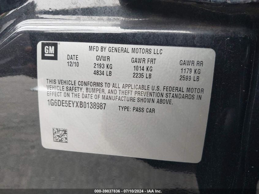 2011 Cadillac Cts Luxury VIN: 1G6DE5EYXB0138987 Lot: 39837836