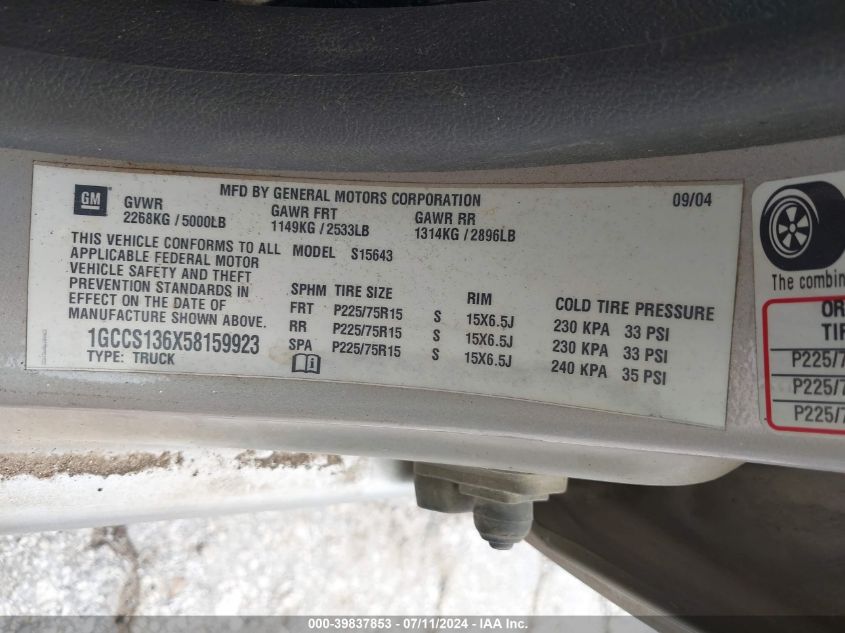 2005 Chevrolet Colorado Ls VIN: 1GCCS136X58159923 Lot: 39837853