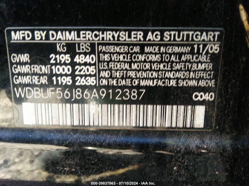 2006 Mercedes-Benz E 350 VIN: WDBUF56J86A912387 Lot: 39837863